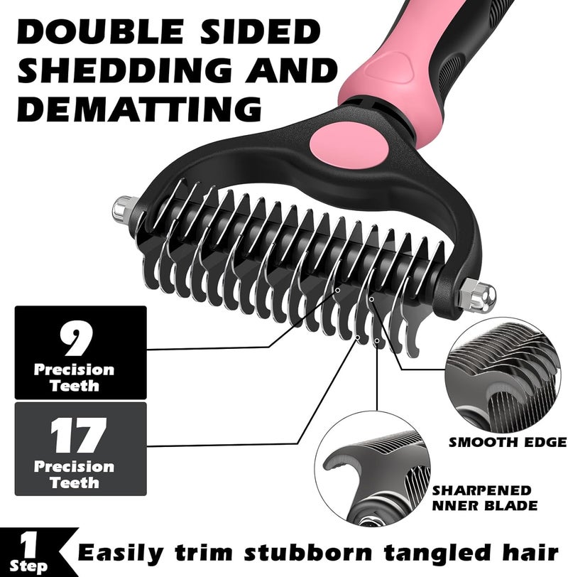Augwind 3PCS Self Cleaning Slicker Brush & Pet Grooming Rake & Flea Comb for Dogs,Cats and Horses | Double-Sided Dematting Comb & Skin Friendly Deshedding Grooming Tool | Pet Supplies (Light Pink Black) - Image 2
